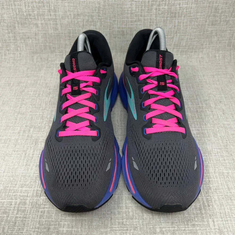 Brooks Ghost 15 Running Shoes Women 9.5 Black Blue Pink Athletic Sneakers Gym